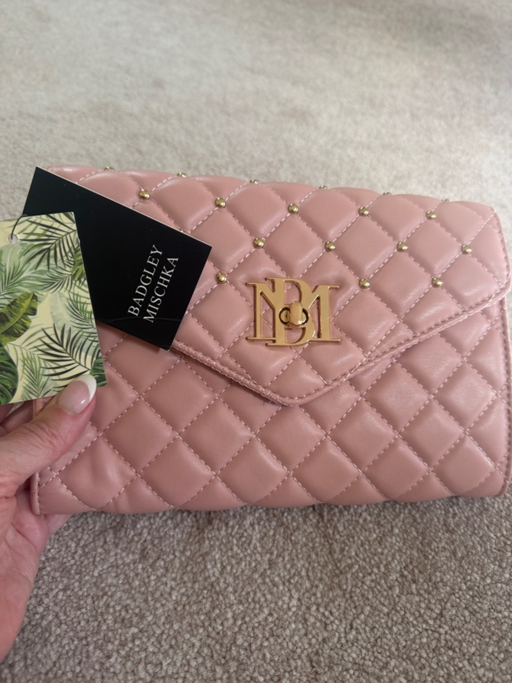 Badgley Mischka Quilted Blush Clutch with Gold Logo